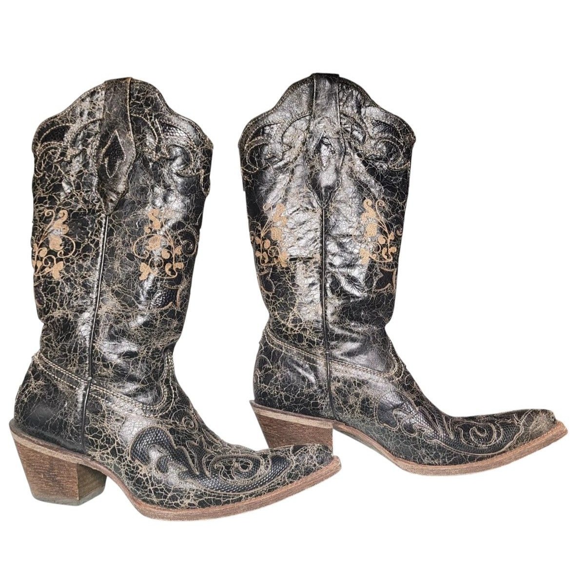 Corral Vintage Black Lizard Inlay Western 6.5 Boots Distressed Black Leather